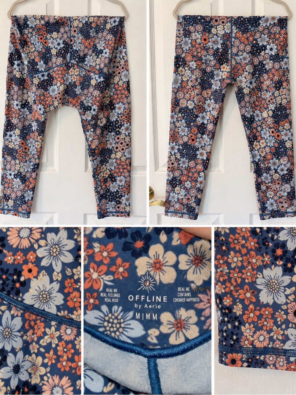 aerie Navy Floral Full Length Leggings with Coral & Cream Blooms